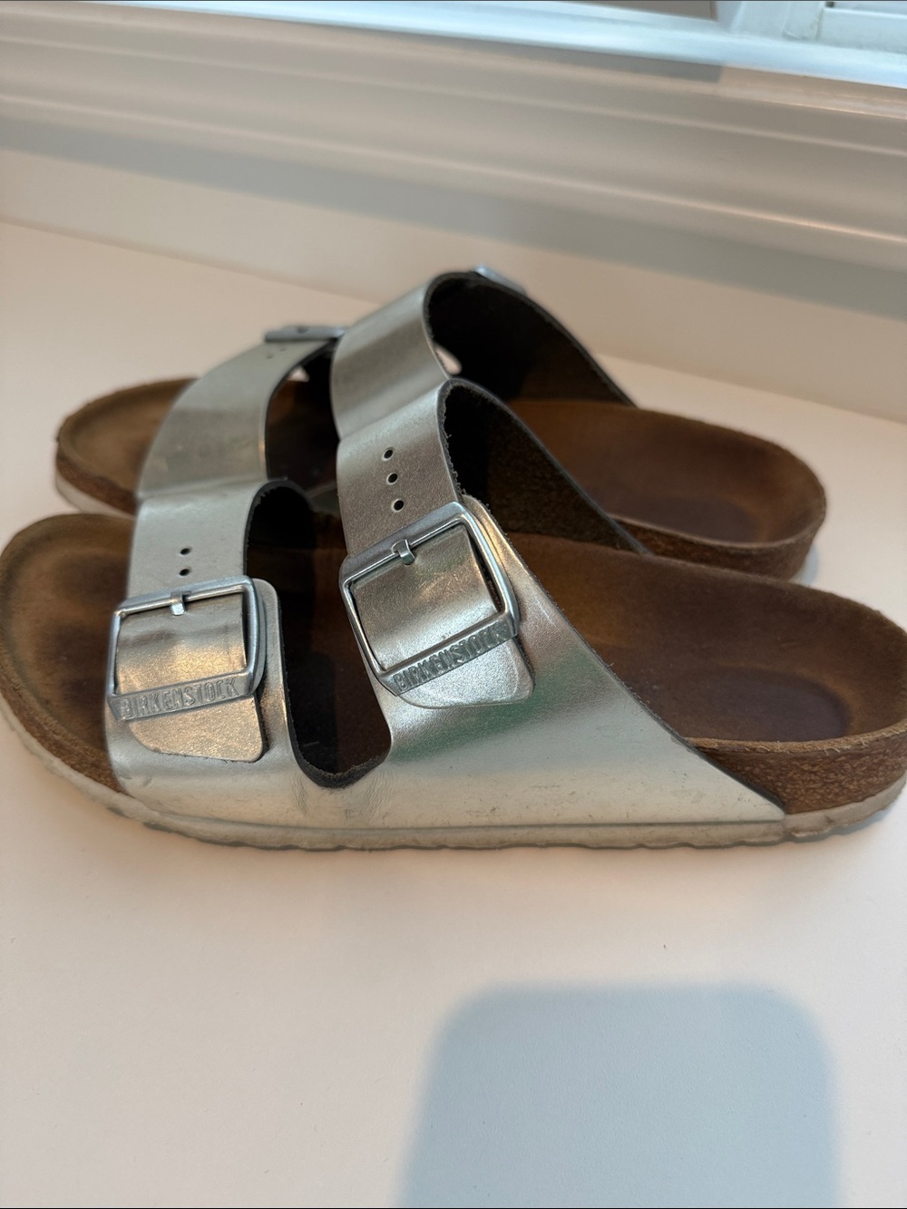 Birkenstock Arizona Metallic Silver Two-Buckle Sandals